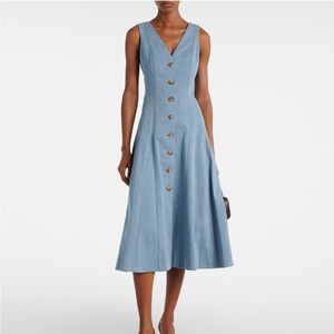 Veronica Beard Lou Pleated Midi Dress Light-Wash Denim A-Line Dress